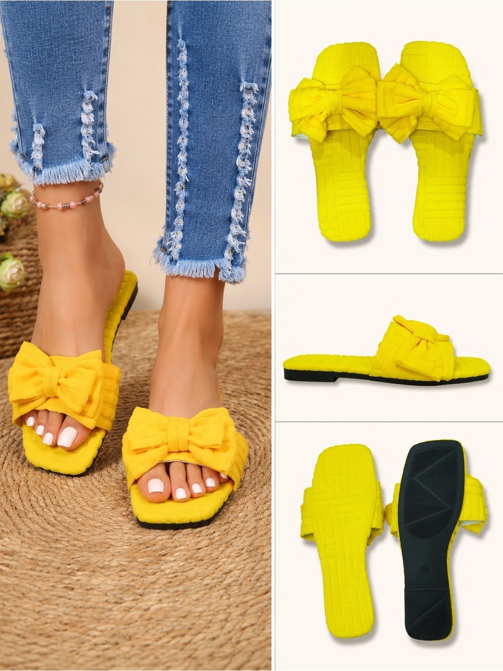 SHEIN | NWT Neon Yellow Bow Slide Slip-On Beach Vacation Sandals (size 9,5-10)